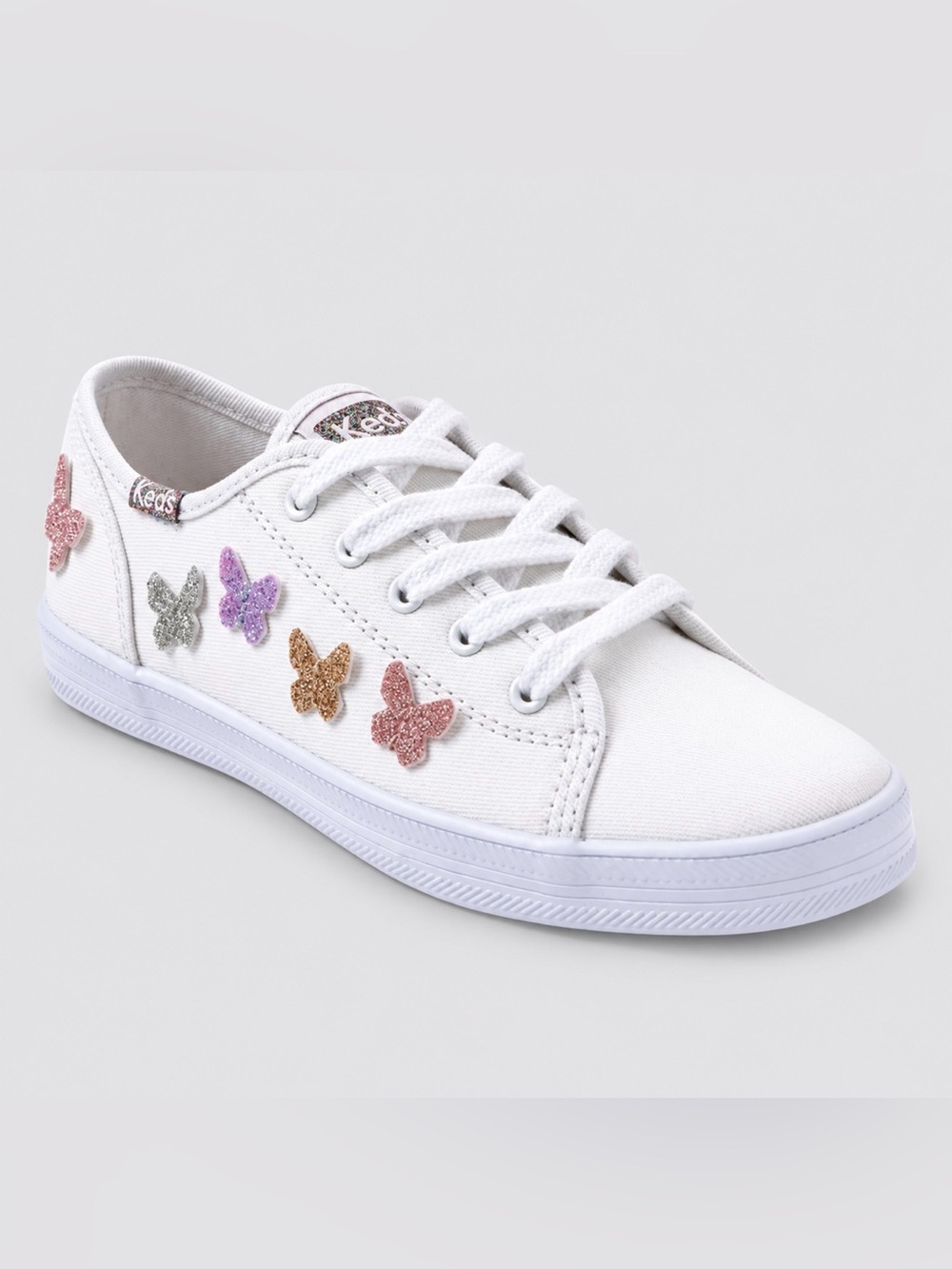 Keds Kids Kickstart White Canvas Sneakers Glitter Butterfly Accent Sz 11M New